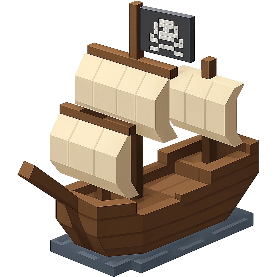 A pirate ship with sails and a jolly roger flag, geometric minimalist 3D design emoji