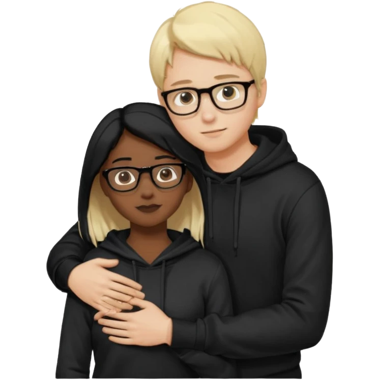 Joven de pelo rubio corto y piel blanca con lentes con poleron negedro abrazando por detrás a una joven de pelo negro largo con partidura al medio, de piel oscura con sus manos en los brazos del joven aceptand su abrazoemoji emoji