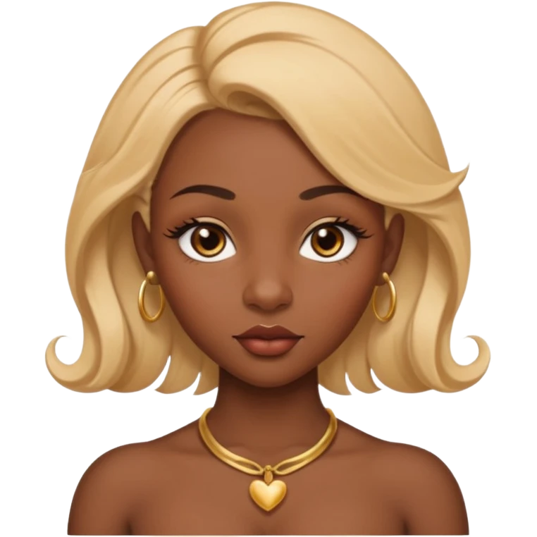 darkskin female with eyebrows that are naturally shaped and frame eyes well, eyes that are almond-shaped with defined lashes. nd lips are full with a defined cupid’s bow, add also a septum piercing that adds an edgy, stylish flair. a middle-part, honey blonde bust-down with laid baby hairs emoji