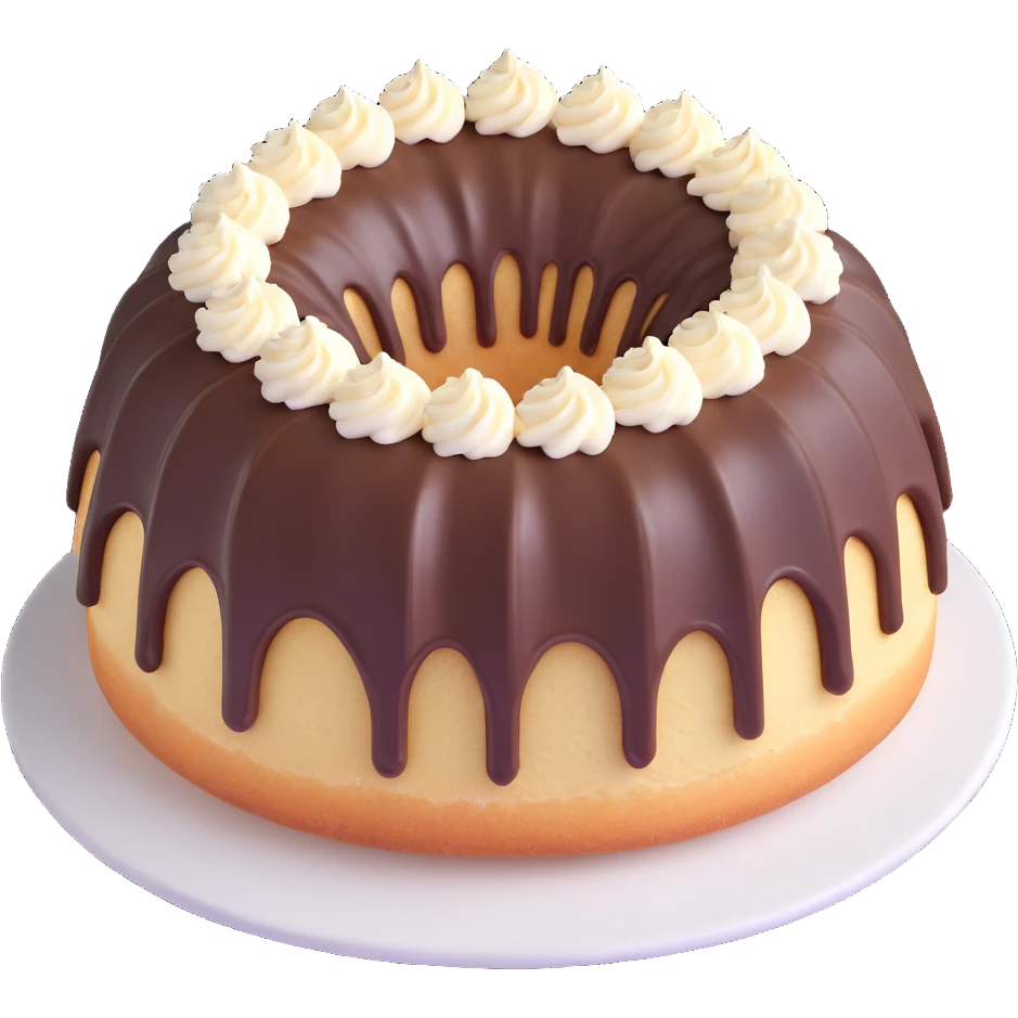 vanilla bundt cake with chocolate frosting and white sprinkles emoji