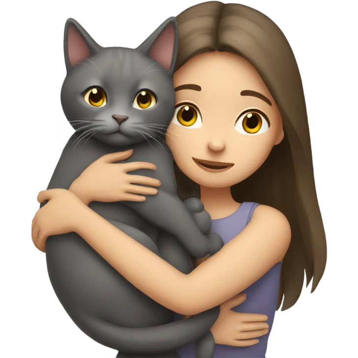 Girl with long brown hair hug grey cat emoji