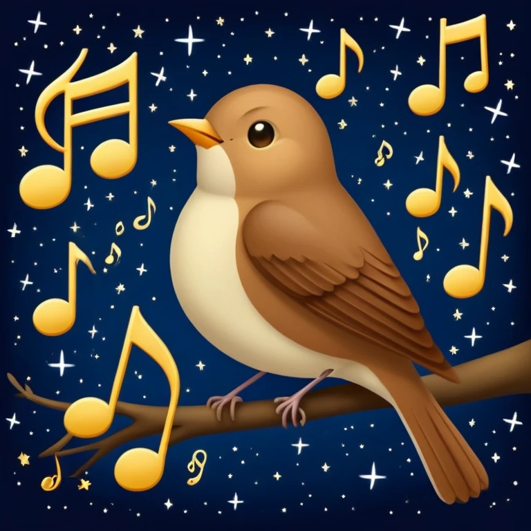 a nightingale bird singing with musical notes visible, flying against a dark starry night sky emoji
