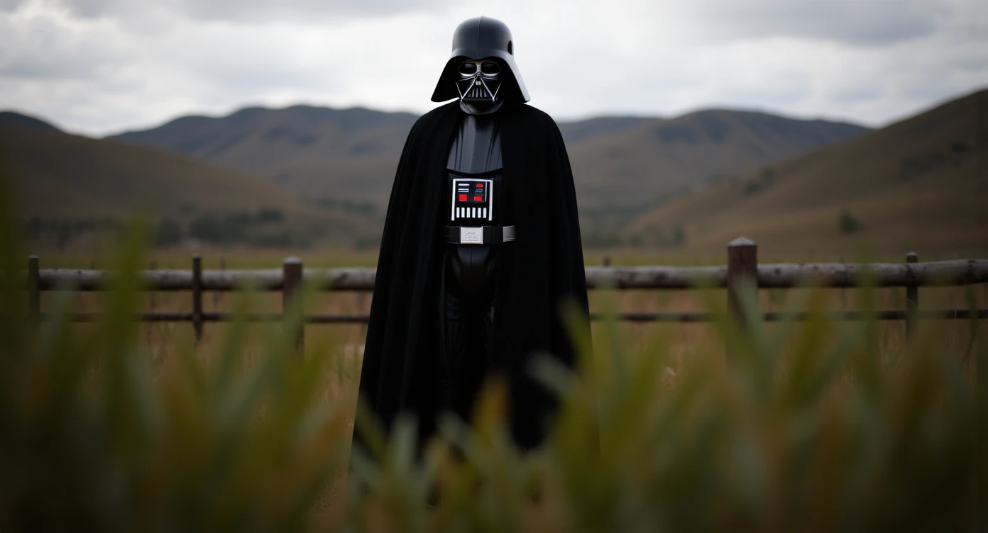 A portrait of a Darth vader in the foreground, blurred plants in the foreground (close to the camera), a wooden fence in the midground, rolling hills in the background, cinematic depth of field, layered composition, natural lighting emoji