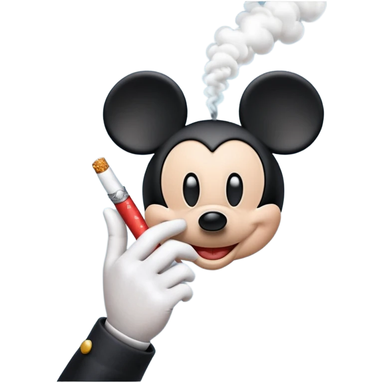 Mickey Mouse style white glove hand holding a cigarette with visible smoke, Apple emoji style emoji