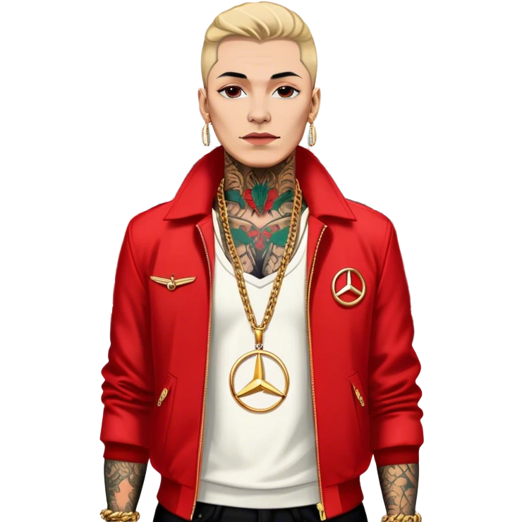 Icon for Chanson: Russian chanson singers with tattoos, red jackets, and gold chains, standing in front of a Mercedes. The design should capture the bold and stylish essence of the genre with a vibrant, urban background. Transparent background. emoji