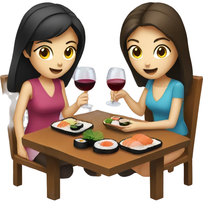 two brunette girls eating sushi and drinking wine  emoji