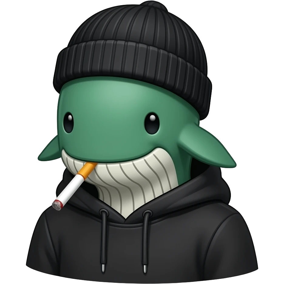 Outline bold drawing Green whale human character head
• Black hoodie / street style
• Black beanie
• Cigarette smoke emoji