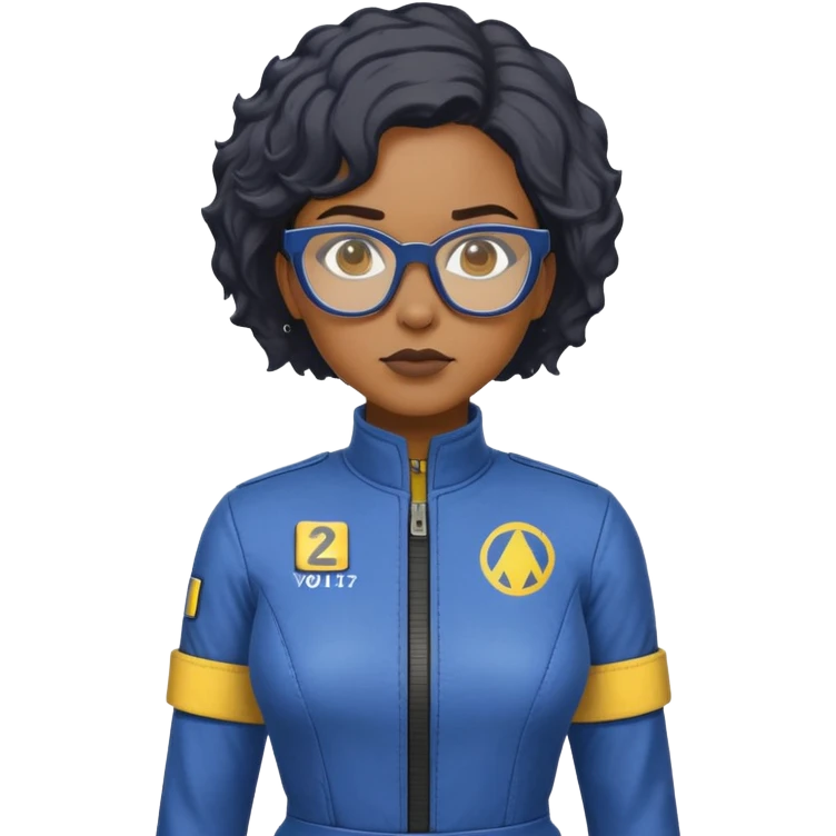 stern Black woman with short textured hair, glasses, wearing blue Fallout Vault jumpsuit with yellow trim and number on back, minimalist emoji