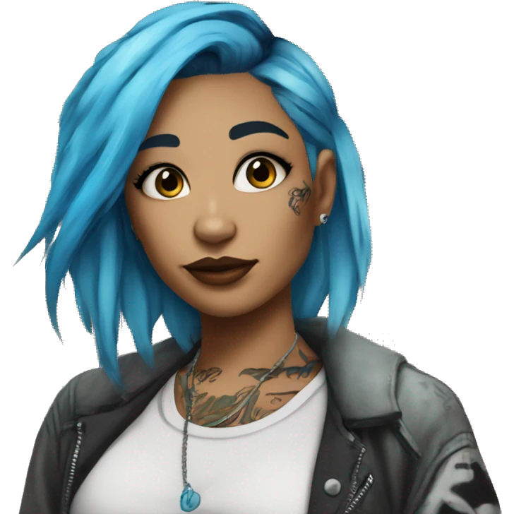 Lady wearing trendy graffiti street clothes with hair with highlights and a blue dyed hair streak and tattoos emoji