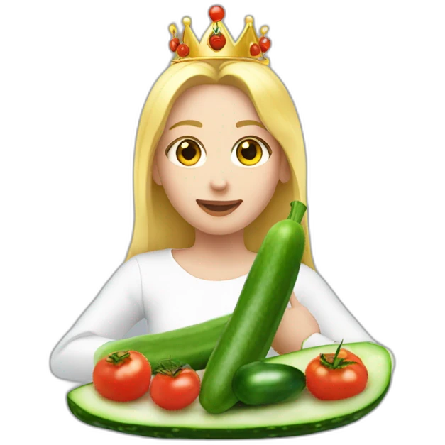blonde girl  eating  cucumber and tomatoes with white hoodie iridescent and a crown princess emoji