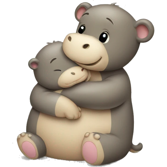 tan teddy bear hugging a baby hippo emoji