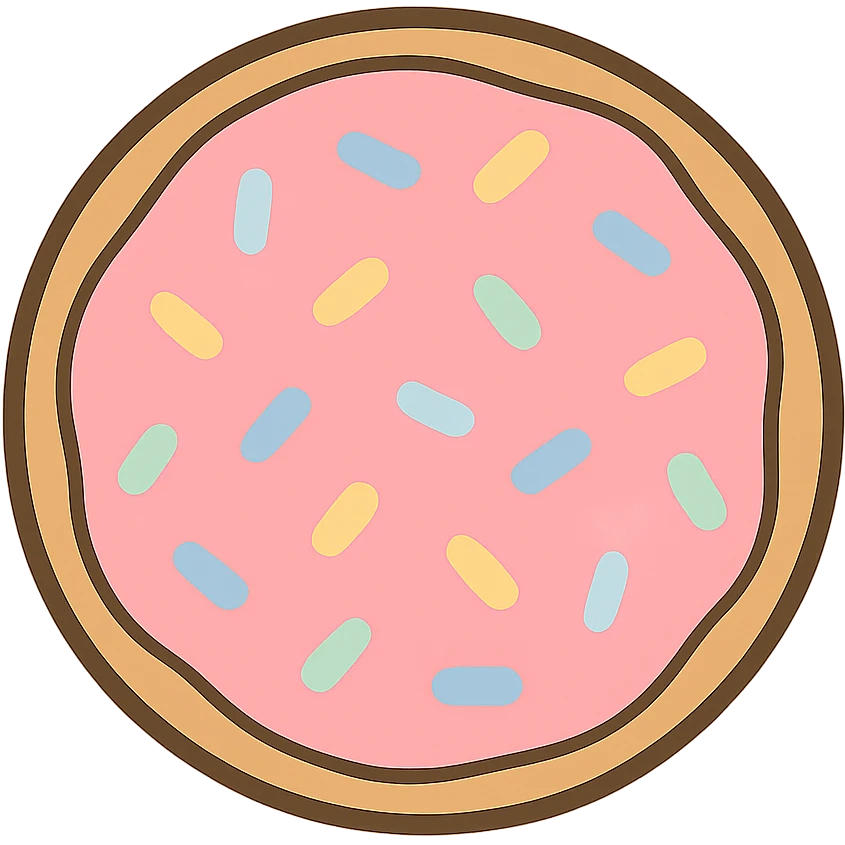 flat toon sugar cookie with pink icing and pastel sprinkles emoji