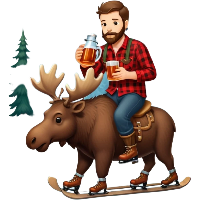Canadian lumberjack man wearing red and black flannel shirt, drinking from a jug of maple syrup, and wearing ice skates, while riding on a moose emoji