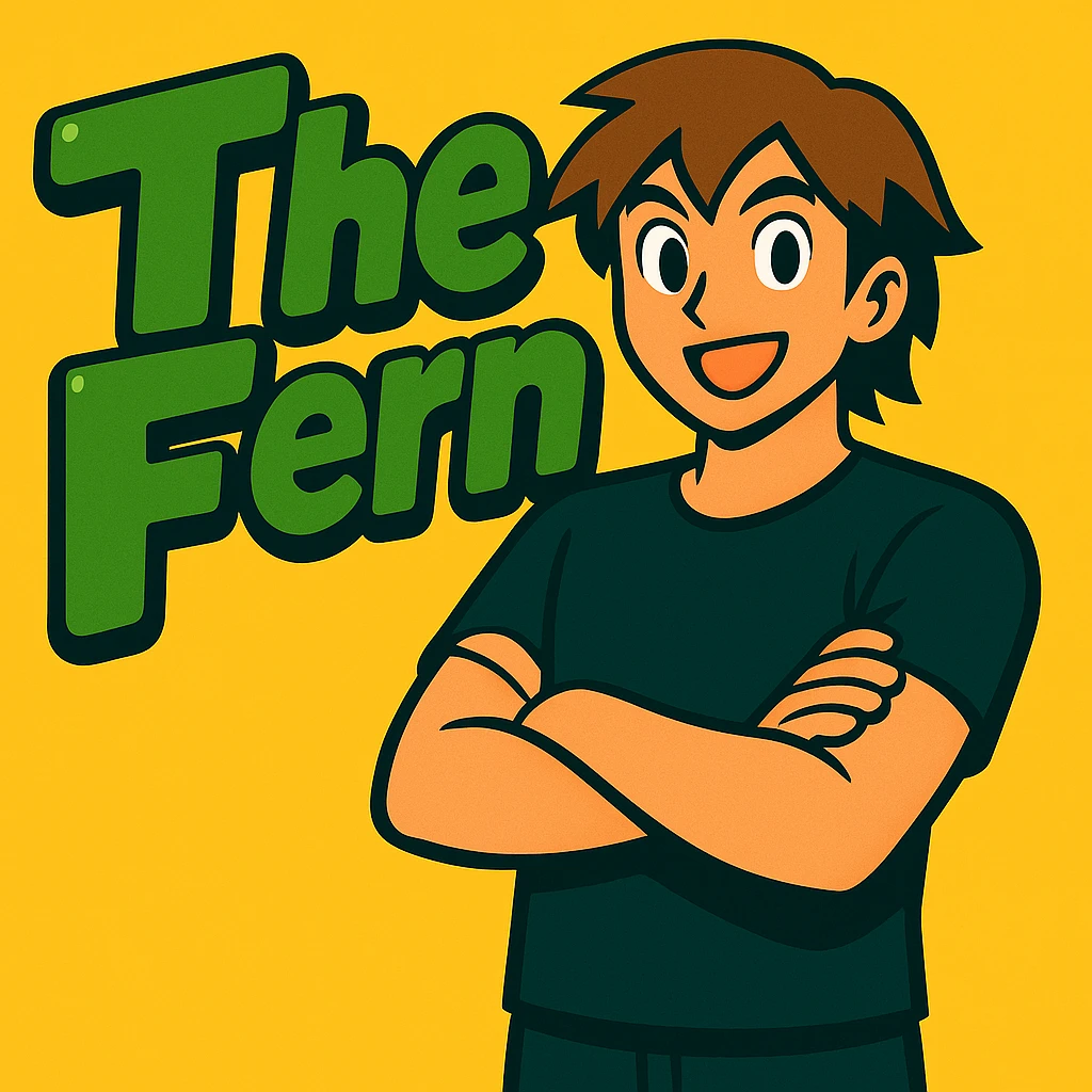 Make the anime man cross his arms while standing in front of the green bubble letters that say 'The Fern'. He should still have a black t-shirt, no jacket, medium-length brown hair, and an expressive anime face. Keep the vibrant, cartoonish, eye-catching vibe in Vibrant Toon style. emoji