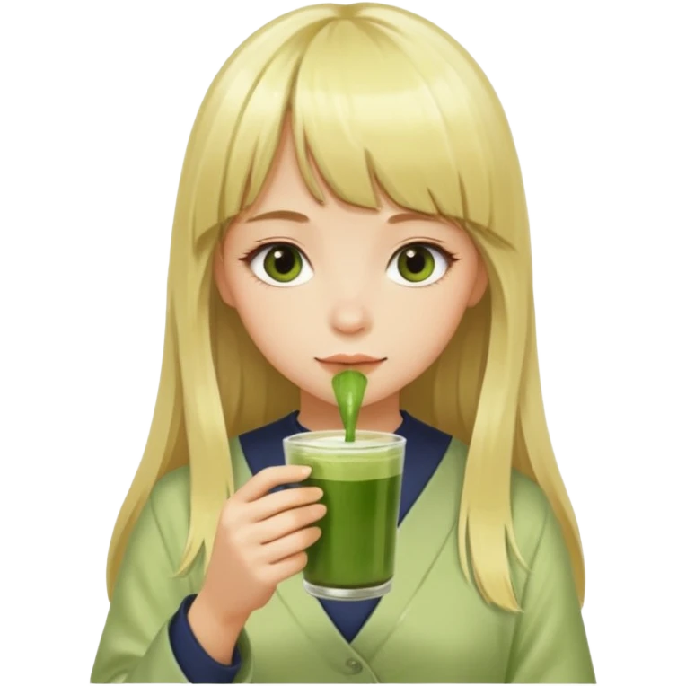 a girl have long blonde hair with bangs drinking matcha emoji