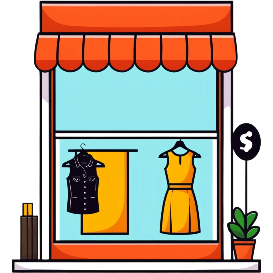 Boutique shop window with price tags and fashion items emoji