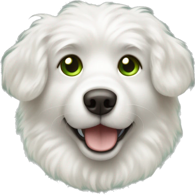 White fluffy dog, right brown ear, green eyes, spotted nose. emoji