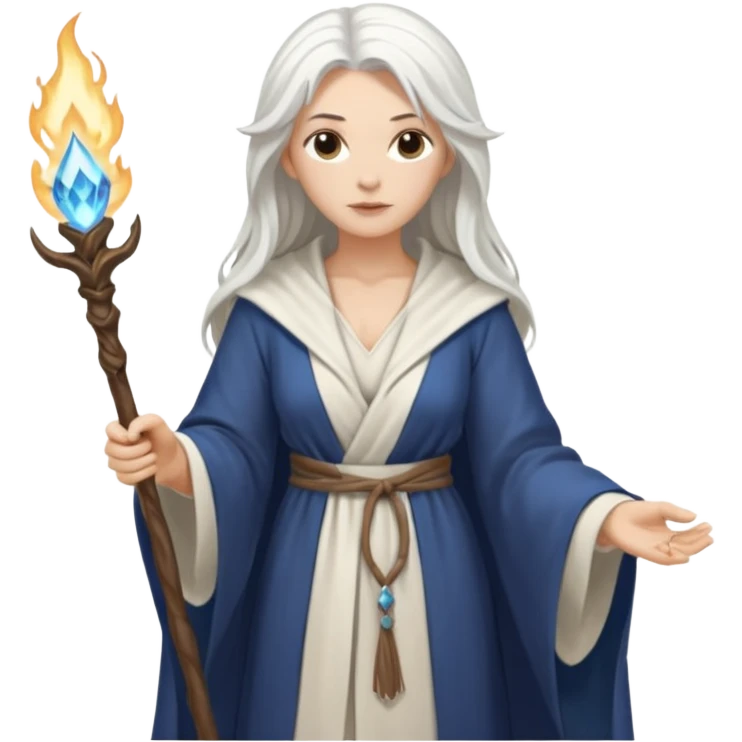 White Long Haired Women, Sorceress with staff — flowing white hair, calm face. emoji