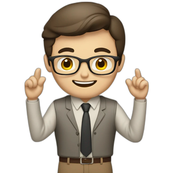 To belt Actively gesturing with hands Pale skinned fit man teacher with dark brown hair in gray jacket, beige office shirt, brown tie, brown pants and vintage glasses. emoji