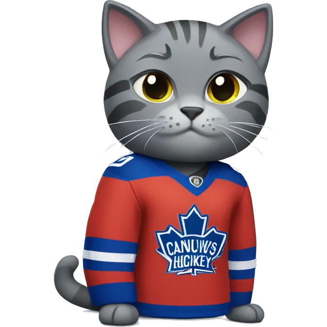 Grey cat wearing a canucks hockey jersey emoji