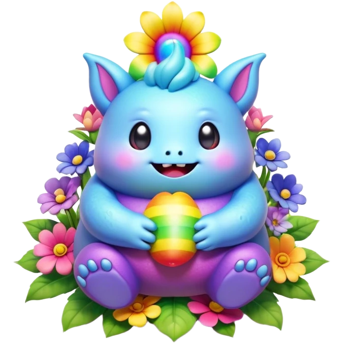 3D, Kawaii derpy fat rainbow monster sitting in a magical rainbow hued flower, rich textures, visually detailed, so lifelike that it feels like it could leap off the page at any moment emoji
