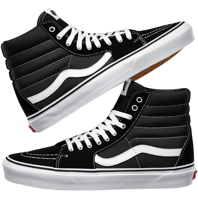 Pair of black Vans Sk8-Hi high top sneakers with white stripe, one positioned behind the other, showing the signature side stripe, black canvas and suede emoji