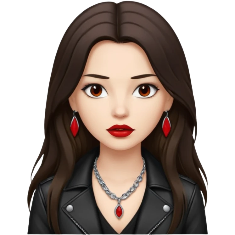 brunette with very long hair in black cuir jacket with red lips and very dark brown eyes and white shirt and mysterious necklace without ear piercing emoji