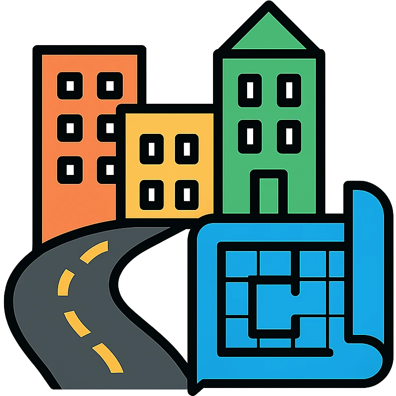 Urban planning with buildings, roads, and a blueprint - representing Urbanisme & Aménagement emoji