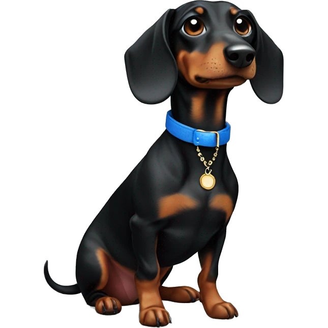 Dachshund black with marble. With blue collar. A little bit fat emoji