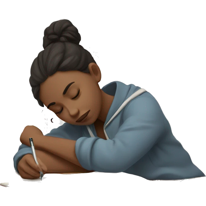 Tired girl student is writing an outline in a notebook and wants to sleep  emoji