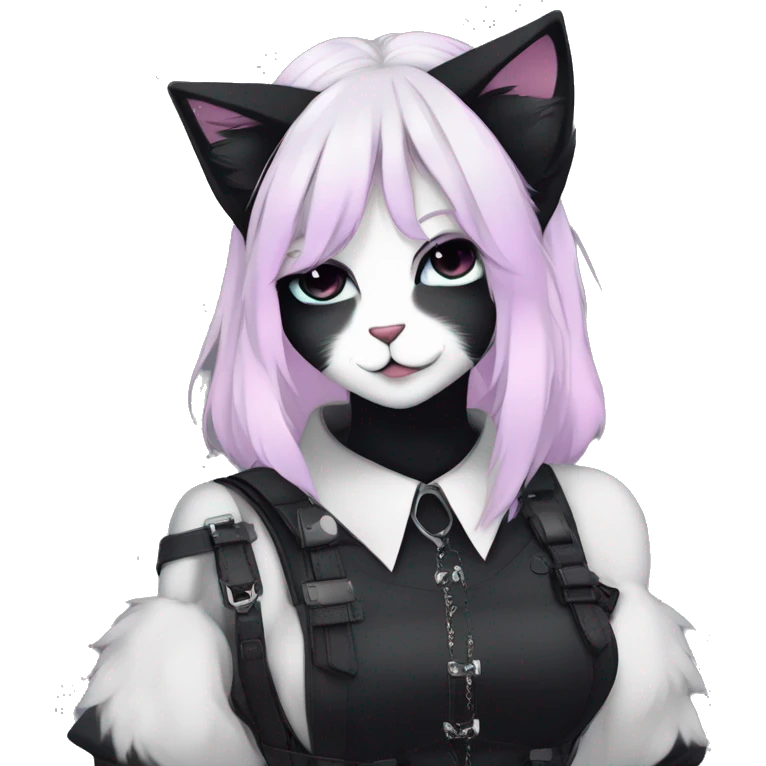 Gorgeous furry gothic dark techwear anime style anthro black cat fursona with blushing face aesthetic and pretty edgy black with collar and harness trending style emoji