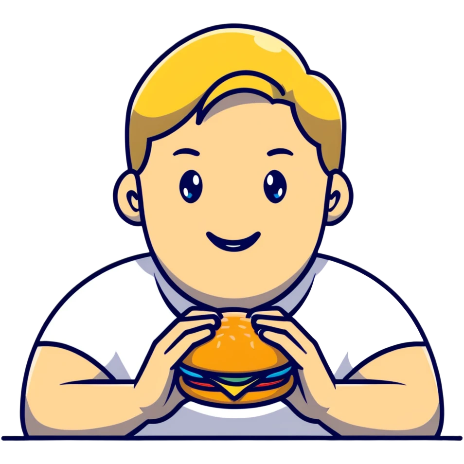 Blonde man with white skin and blue eyes eating a McDonald's hamburger, LGBT pride symbol emoji