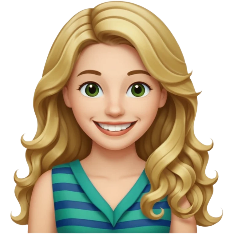 30 yr Caucasian woman long brown wavy hair parted on side blond stripe in hair blue green dress ,big smile white teeth, dimples emoji