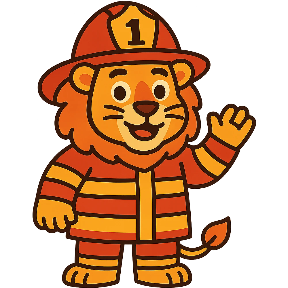 lion in firefighter uniform with helmet, friendly expression emoji