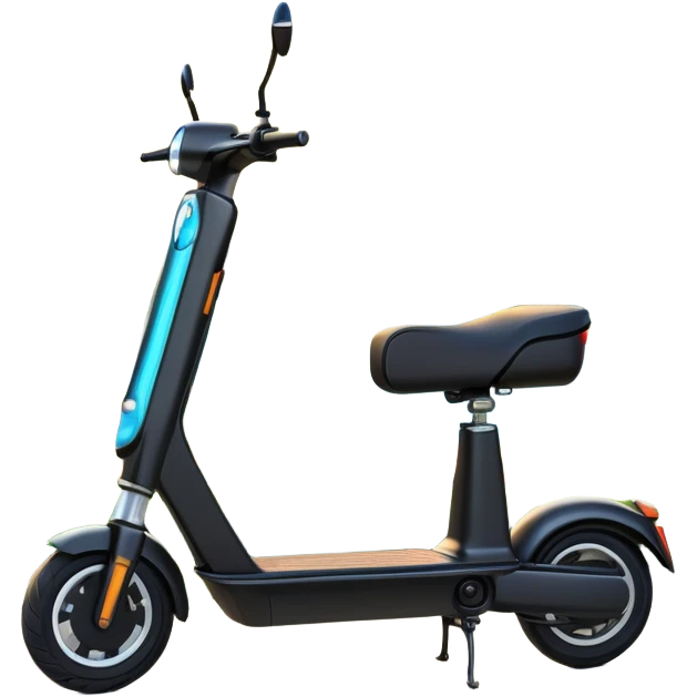 An icon featuring a sleek electric scooter parked on a scenic path. The background showcases a vibrant city park with green trees, flowers, and a clear blue sky. The sun sets in the distance, casting a warm golden glow on the landscape. Transparent background emoji