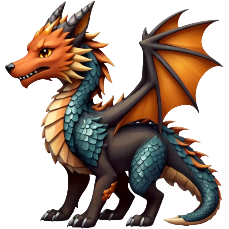 Majestic wolf-like dragon with red sandstone scales and layered plates resembling canyon rock formations. Crystallized mineral mane with copper and gold hues runs down its neck and back. Obsidian claws, amber eyes, and a tail of stone spires. Pokémon style. emoji