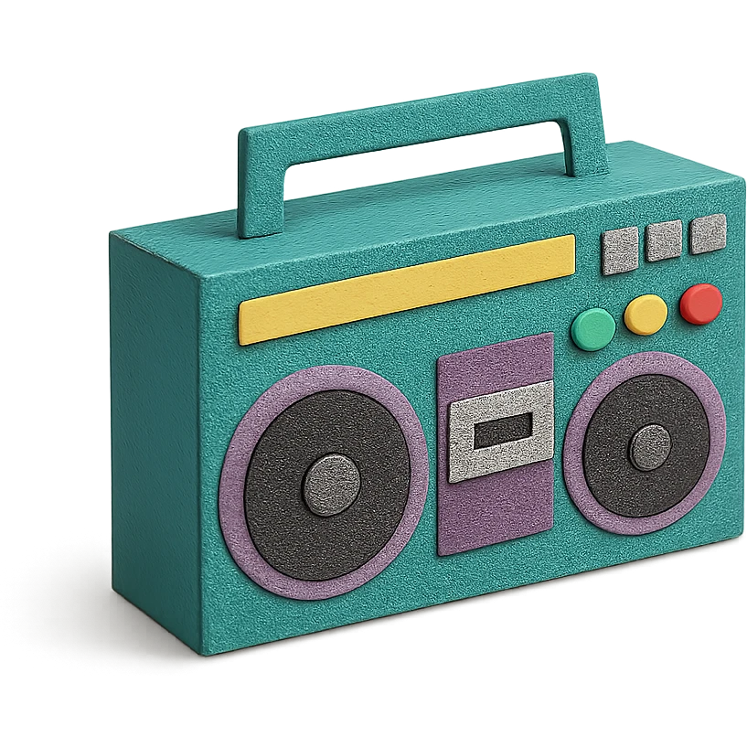 angled view of a paper-craft style boombox with extra details like buttons and speakers emoji