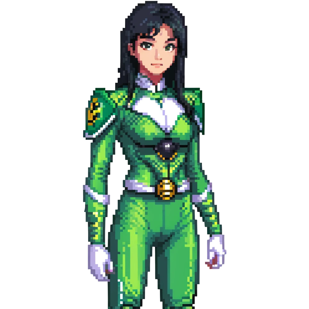 wasian girl in a green Power Ranger suit, black straight hair, black eyes emoji