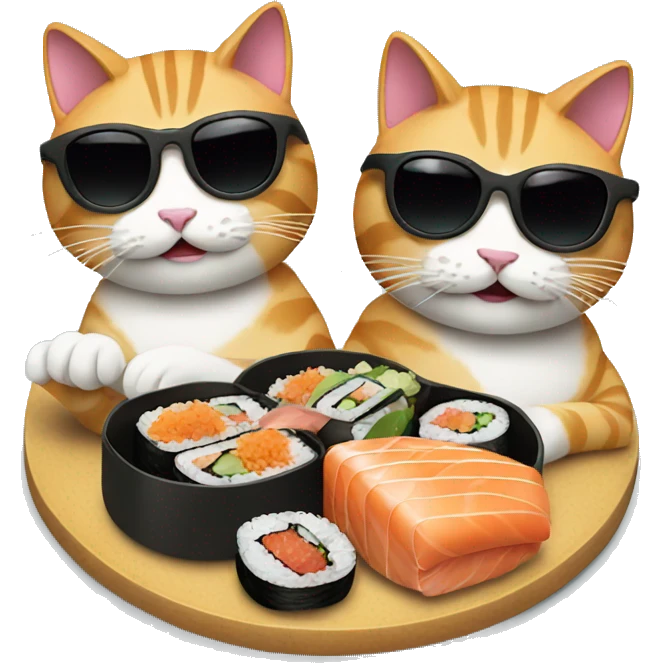 two cats wearing sunglasses eating sushi emoji