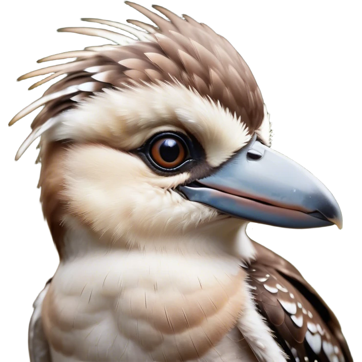 Cinematic Cute Kookaburra Portrait Emoji, Head tilted playfully and inquisitively, featuring a glossy brown plumage with subtle cream accents and a perky, expressive beak, round, sparkling eyes filled with curious mirth, Simplified yet irresistibly adorable features, highly detailed, glowing with a warm, friendly glow, high shine, affectionate and spirited, stylized with a touch of bushland whimsy, bright and endearing, soft glowing outline, capturing the essence of a mischievous yet loving kookaburra, so playful it feels like it could chuckle out of the screen into your arms! emoji