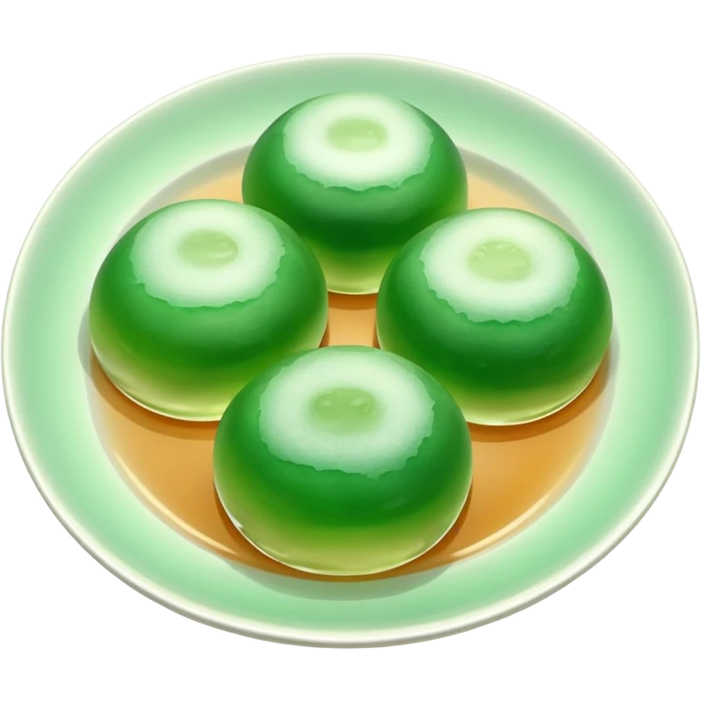 four green spherical warabi mochi on the plate emoji