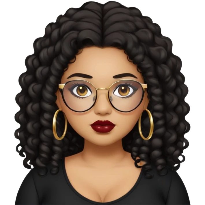teen big plus size, latina, darker tan skin, gold hoops, long black curly hair, baddie,pretty, makeup, dark red lipgloss, black eyeliner, long hair, black top, black glasses emoji