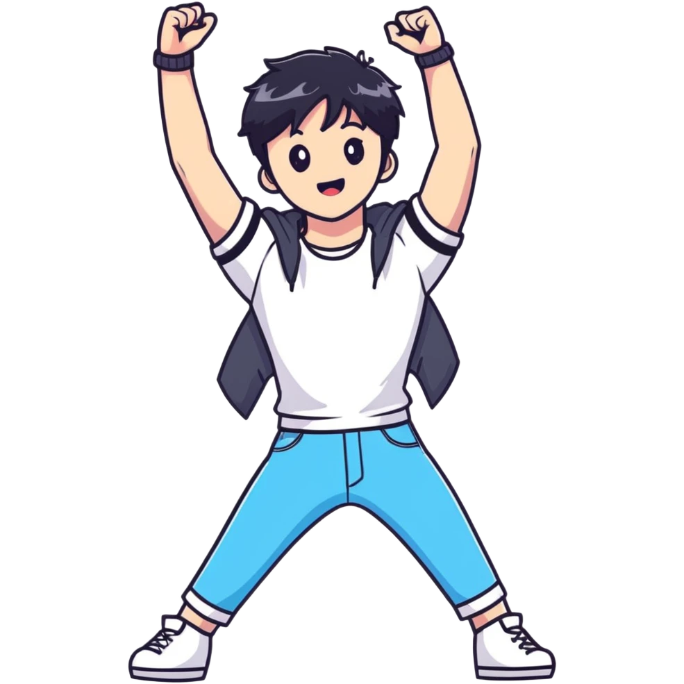 Black-haired male idol with arms up in the air, energetic performance pose, K-pop style emoji