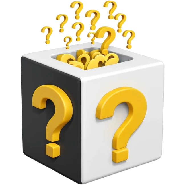 white cube shaped box printed with "q&a" over stuffed with yellow question marks emoji