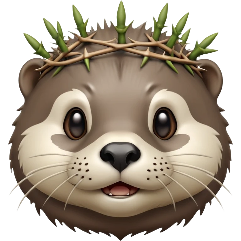 really cute confused otter face with simple thorny stem wrapped horizontally around its forehead like Jesus Christ's Crown of thorns, no crown shape on top, just thin spiky branches circling the forehead emoji