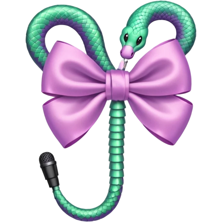 A pastel pink bow with a pastel green snake on the top of one side and a pastel purple microphone on the bottom of the other side emoji
