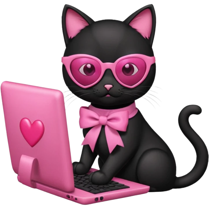 Black cat with pink ribbon and sunglasses doing pink computer with pink heart emoji