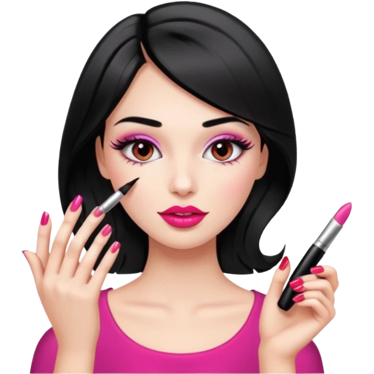 Girl doing make up with glossy nails and eyelashes emoji