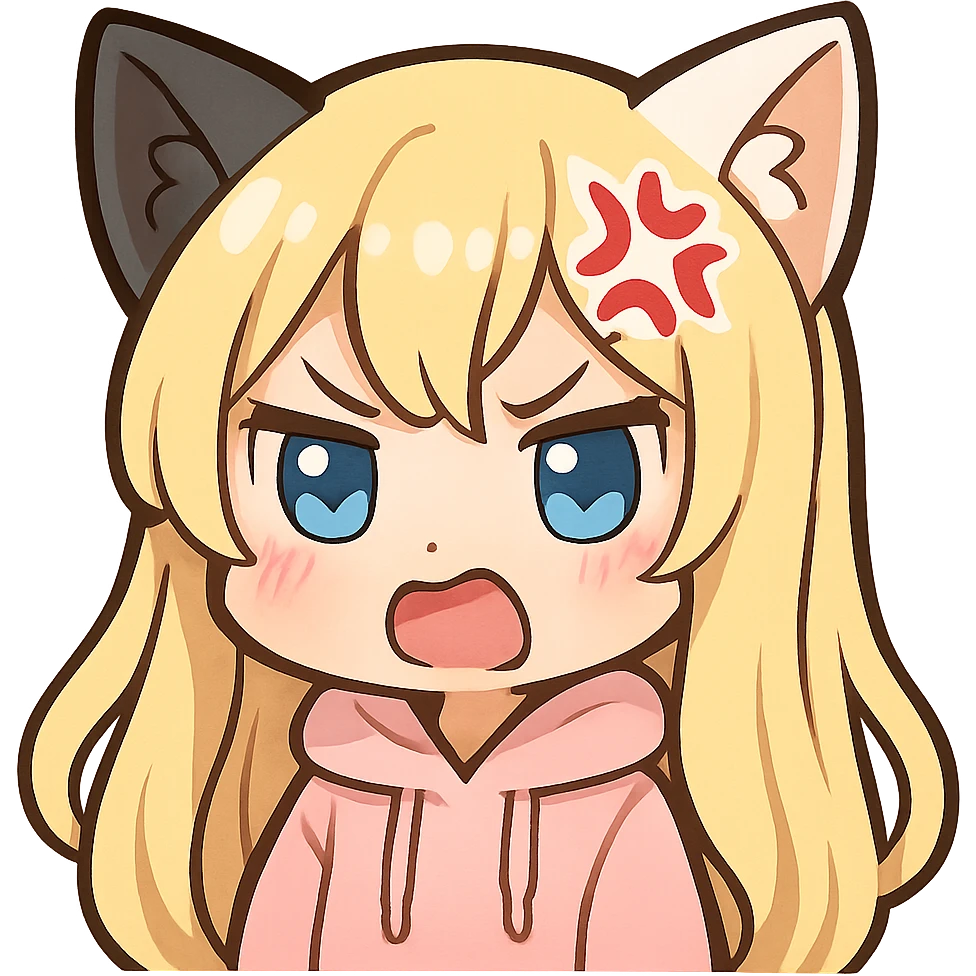 extra cute, extra chibi anime catgirl Twitch emote, one black cat ear and one white cat ear, blonde extremely long hair, blue eyes, white skin, pastel pink hoodie, angry expression, no background emoji