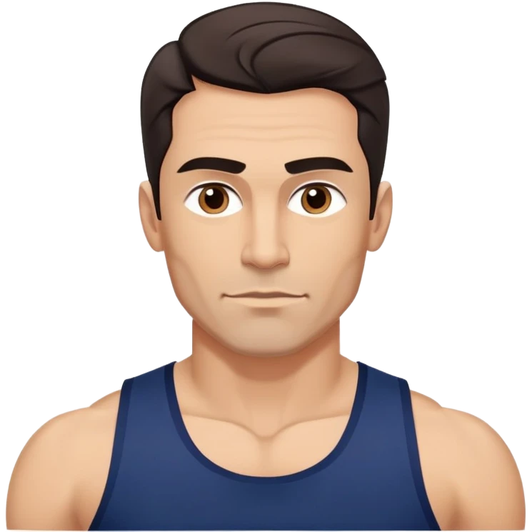 Athletic 40-year-old man with light brown skin, elongated face, strong jawline. Confident expression with medium dark eyes, arched eyebrows. Wavy dark hair in modern cut. Wearing a navy blue tank top showing fit physique. emoji